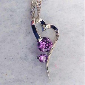 Brand New White Gold Plated Purple CZ Sloping Heart Necklace